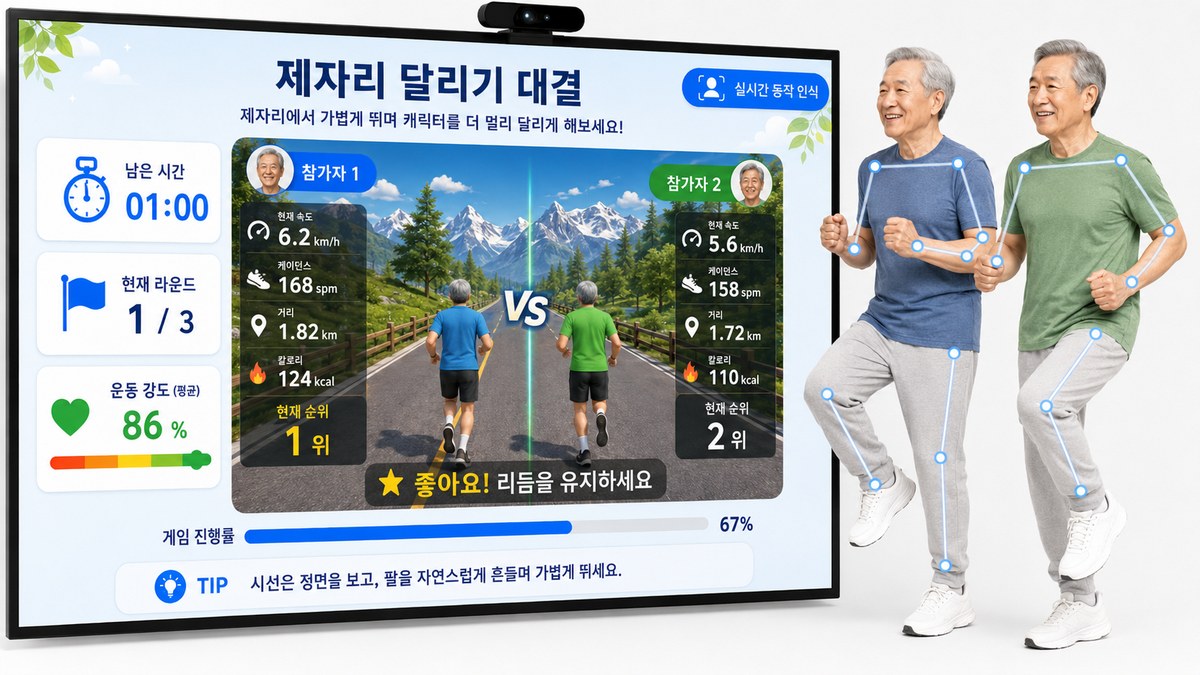 모션닥터 엑서게임 — 화면 속 게임을 보며 제자리 달리기를 하는 시니어들